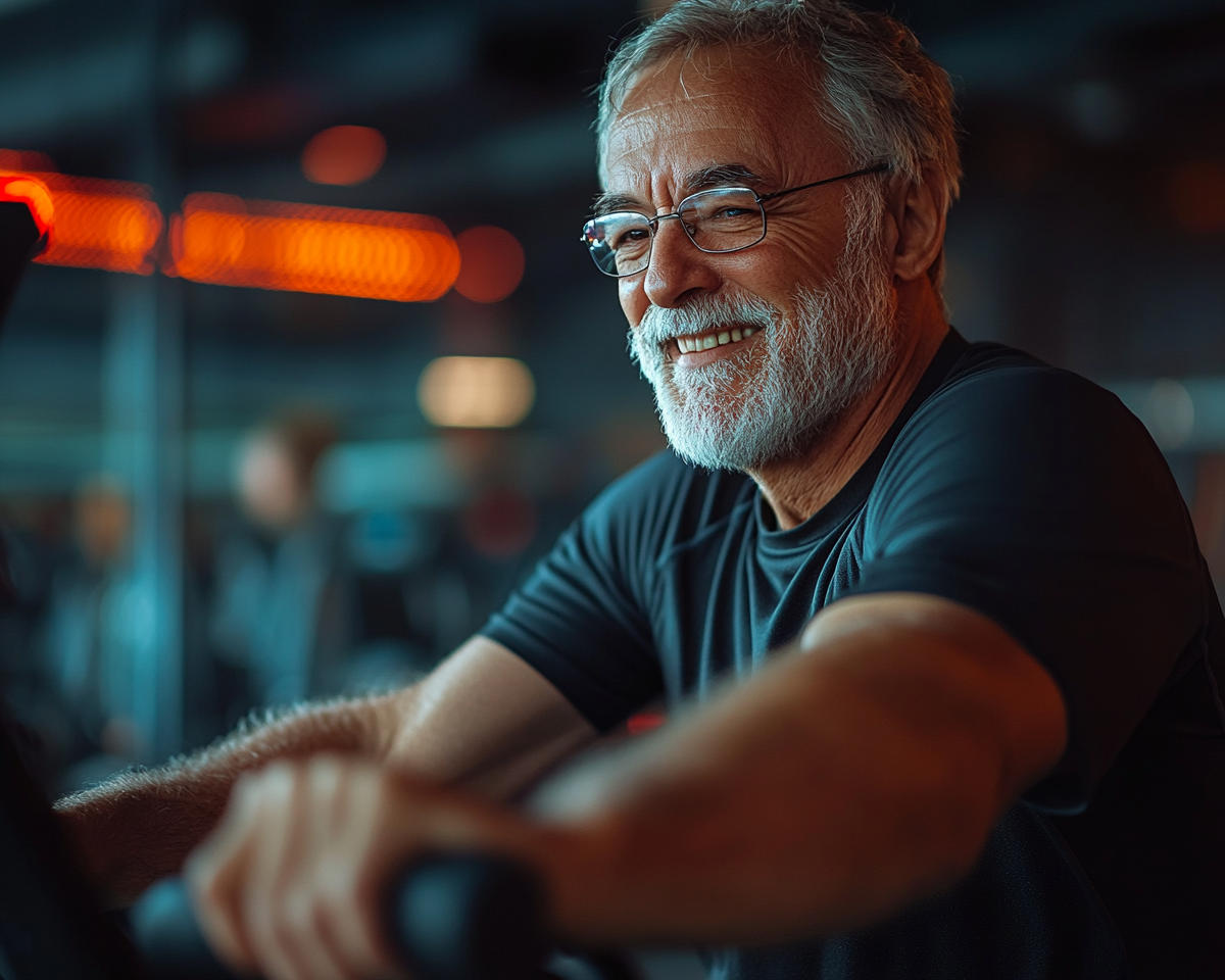 Група активних людей старшого віку займається фітнесом у світлому залі з досвідченим тренером